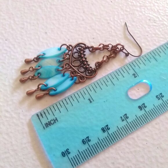 SouthWestern ~ Coastal Cowgirl! Chandelier Dangle Earrings! Copper & Aqua Shell - Picture 9 of 12